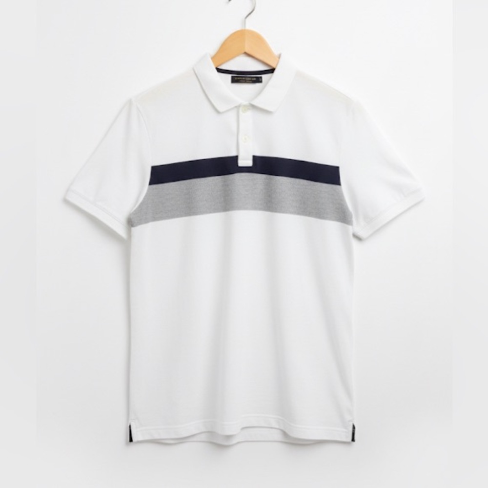 Banana Republic Luxury Touch White Short Sleeve Polo with Gray and Black Stripe